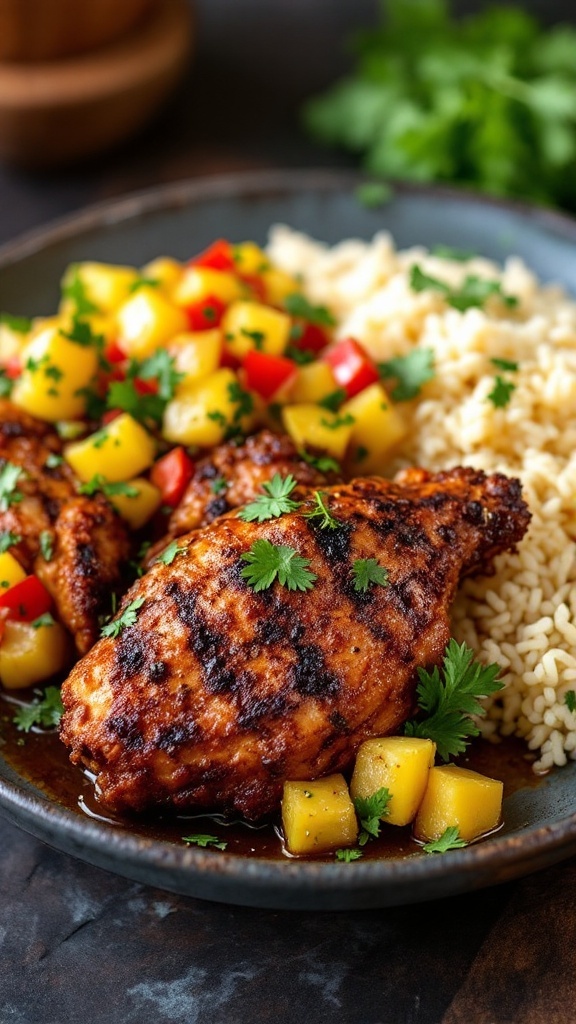 A plate of Jamaican jerk chicken served with rice and mango salsa.