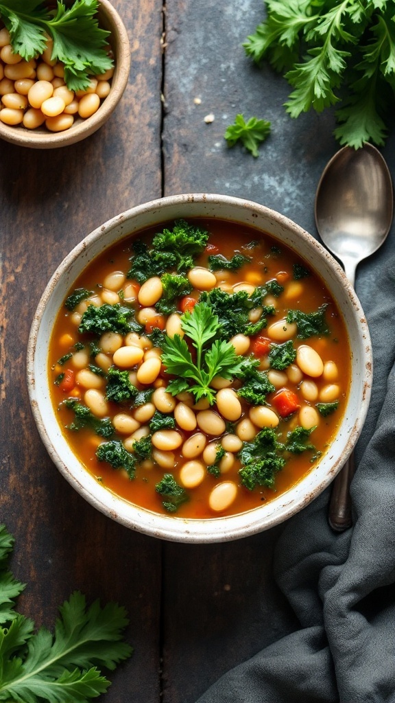 A bowl of kale and white bean soup with a sprig of parsley on top.