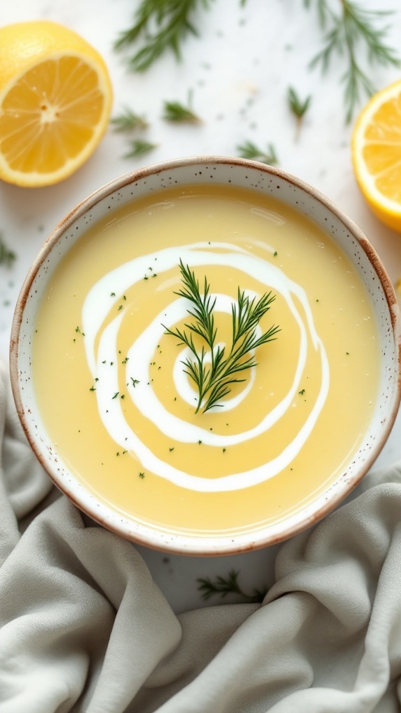 A bowl of lemon-dill potato soup garnished with a swirl of cream and fresh dill, surrounded by lemon halves.