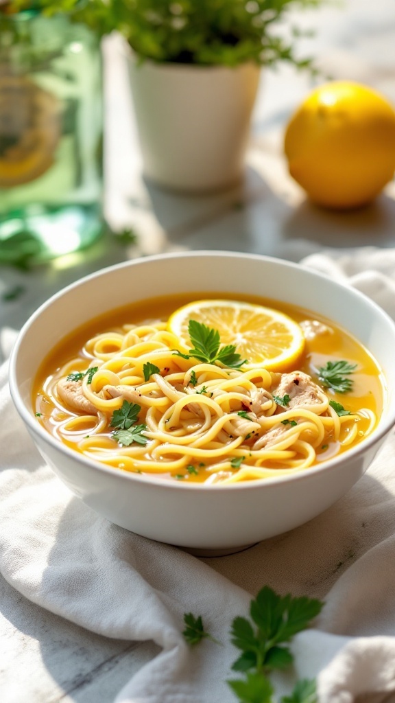 A bowl of lemon herb chicken noodle soup with noodles, chicken pieces, and garnished with parsley and lemon slices.