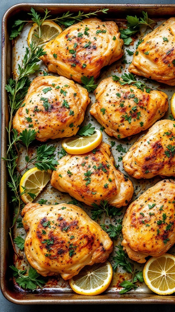 A tray of lemon herb chicken thighs garnished with parsley and lemon slices.