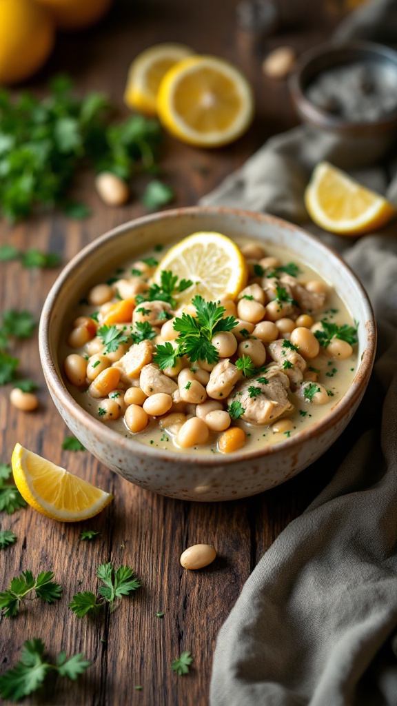 A bowl of creamy white chili topped with chicken, parsley, and lemon slices.