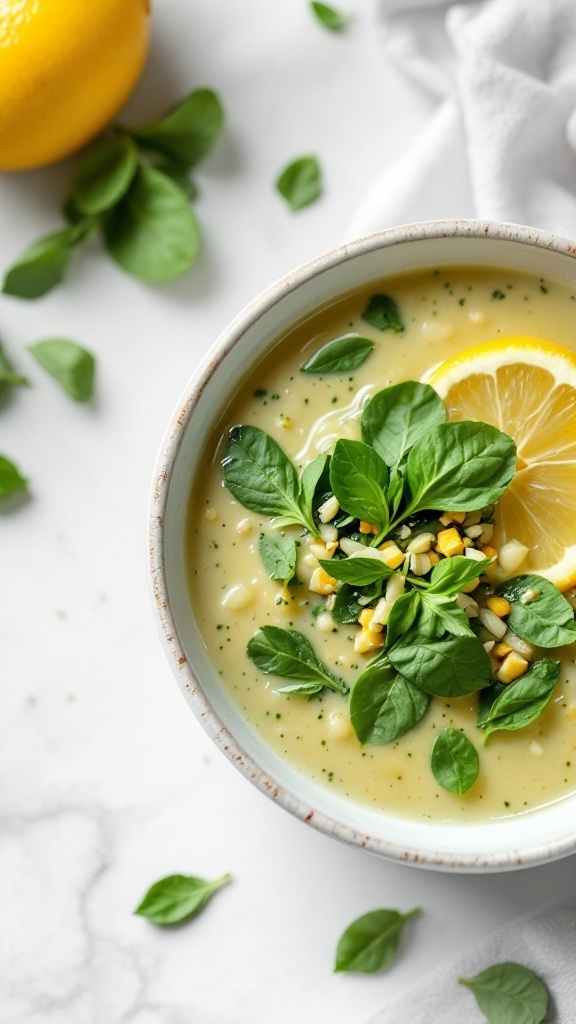 A bowl of Lemon Orzo and Spinach Soup garnished with fresh spinach and a lemon slice.