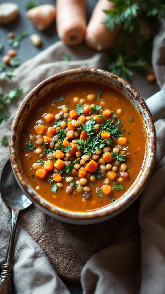 A bowl of lentil and carrot soup garnished with fresh herbs, surrounded by carrots and a napkin.