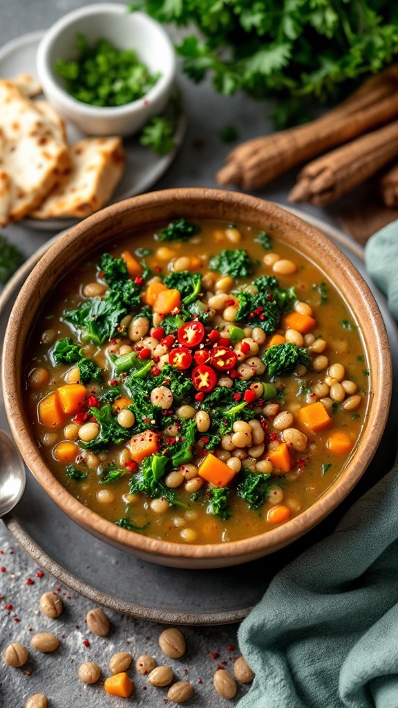 A bowl of lentil and kale soup with colorful vegetables and herbs, garnished with red chili peppers.