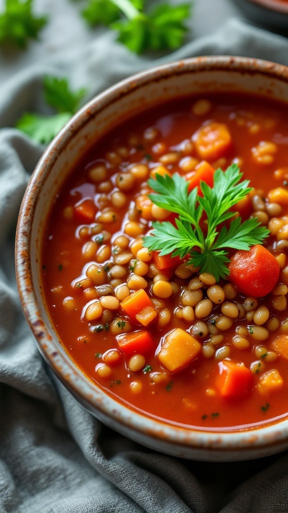 A bowl of lentil and tomato soup with carrots and parsley on top