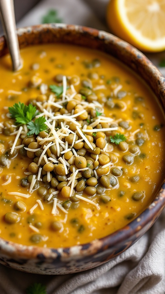 A bowl of lentil cheese soup topped with colorful beans and herbs.