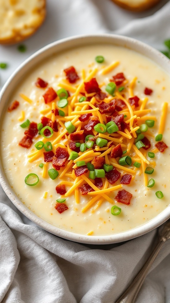 A bowl of loaded baked potato soup topped with cheese, bacon, and green onions.