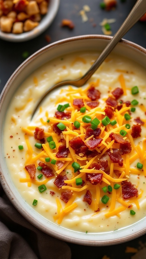 A bowl of loaded potato cheese soup topped with cheese, bacon, and green onions.