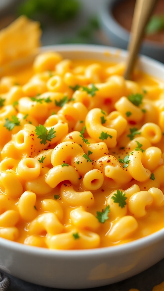 A bowl of elbow macaroni pasta on a vibrant yellow background.