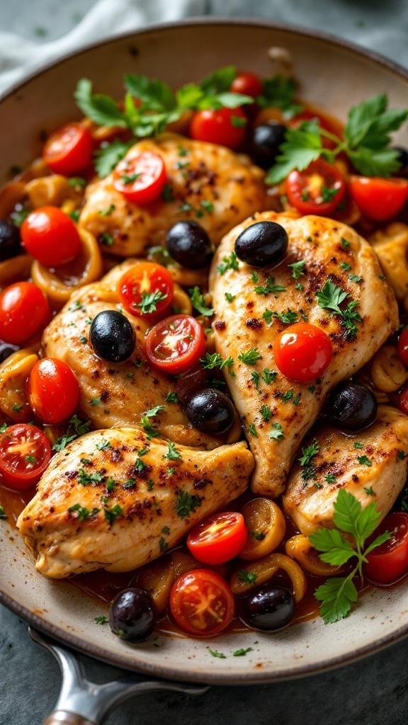 A dish of Mediterranean chicken with olives, cherry tomatoes, and herbs.