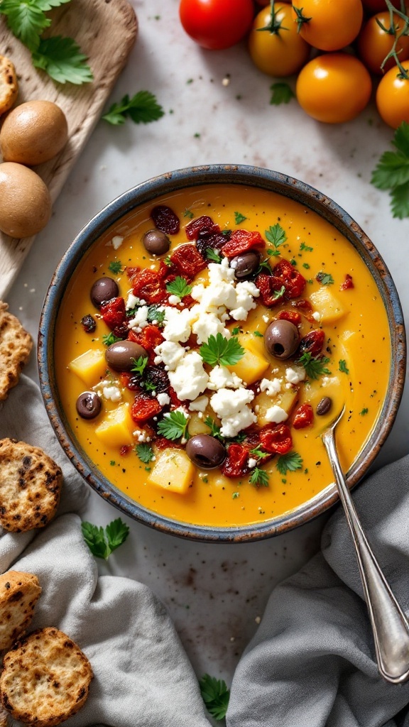 A bowl of Mediterranean potato soup topped with olives, sun-dried tomatoes, and feta cheese, surrounded by bread and fresh ingredients.