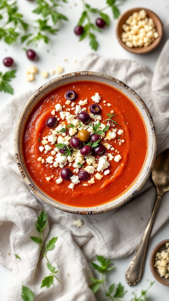 A bowl of Mediterranean tomato soup topped with feta cheese and olives, garnished with fresh herbs.