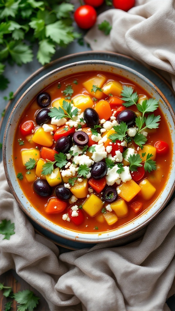 A bowl of Mediterranean vegetable soup filled with colorful vegetables and topped with cilantro.