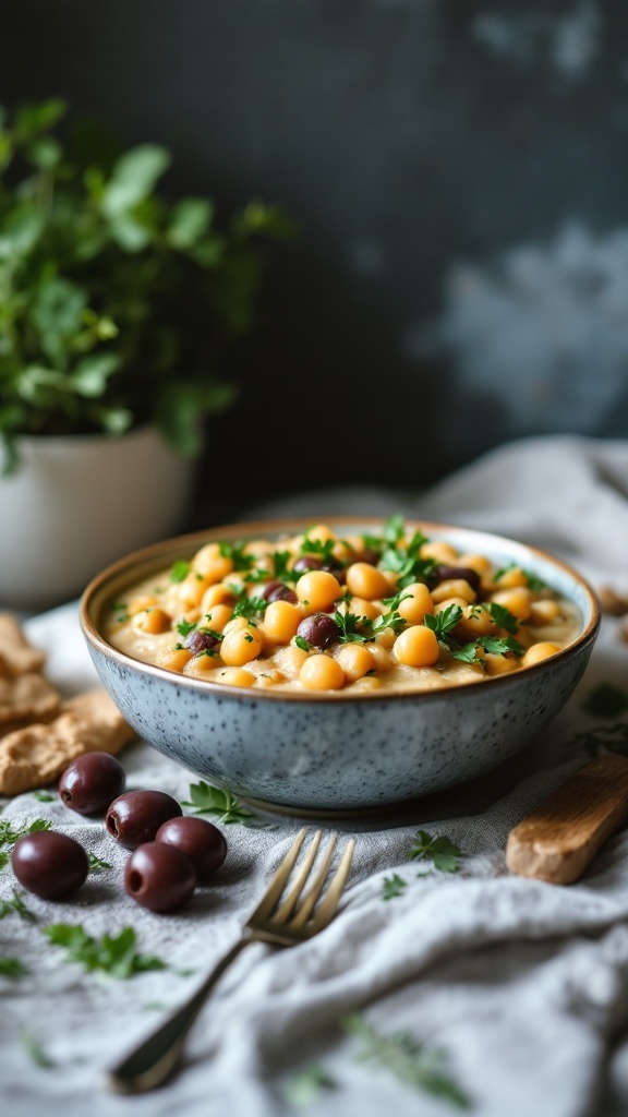 A bowl of Mediterranean white chili topped with parsley and served with olives.