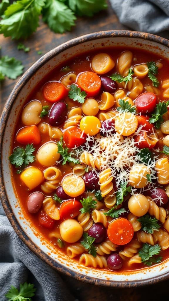 A bowl of minestrone soup filled with pasta, beans, carrots, and topped with cheese and cilantro.