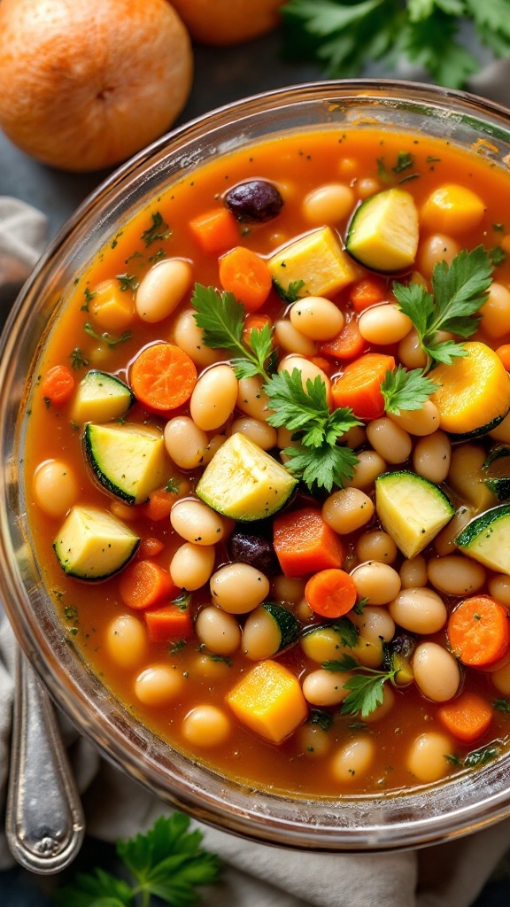 A bowl of minestrone soup with various vegetables and beans.