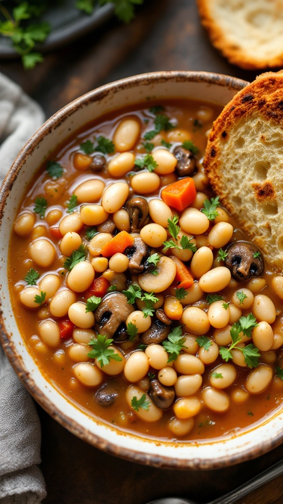 Bowl of mushroom and white bean chili topped with cilantro, with sliced bread on the side.