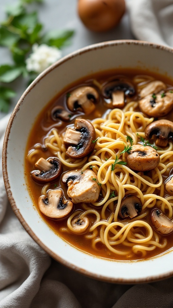 A bowl of mushroom chicken noodle soup with noodles, mushrooms, and pieces of chicken.