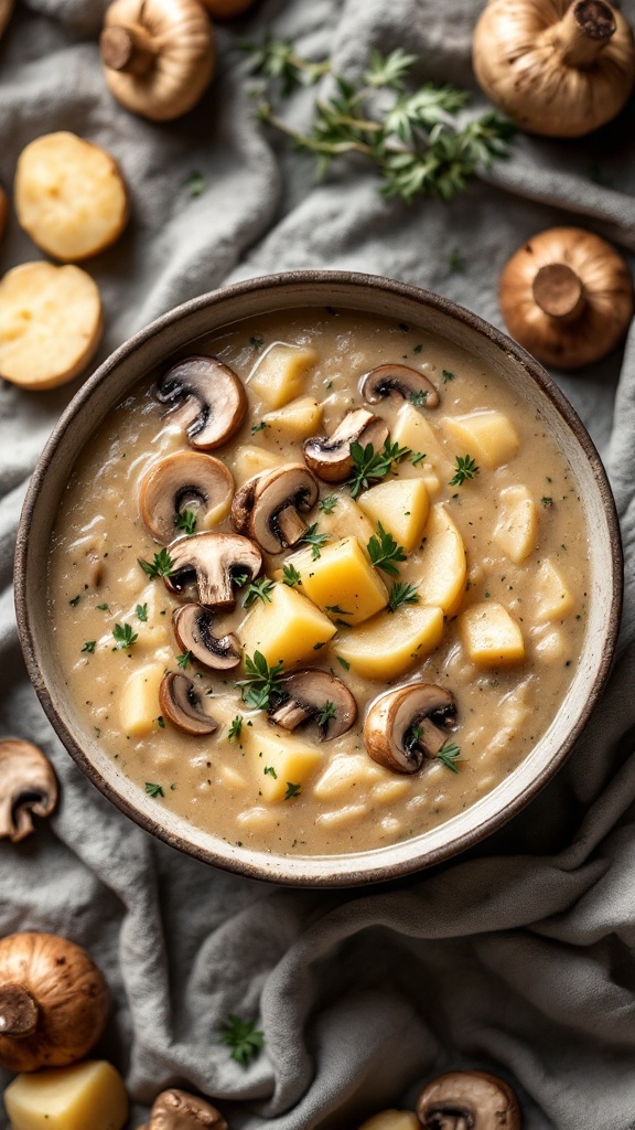 A bowl of mushroom potato soup with chunks of potatoes and mushrooms, garnished with herbs.