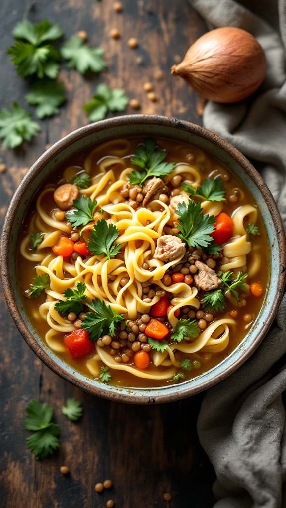 A bowl of chicken noodle soup with lentils, carrots, and herbs.