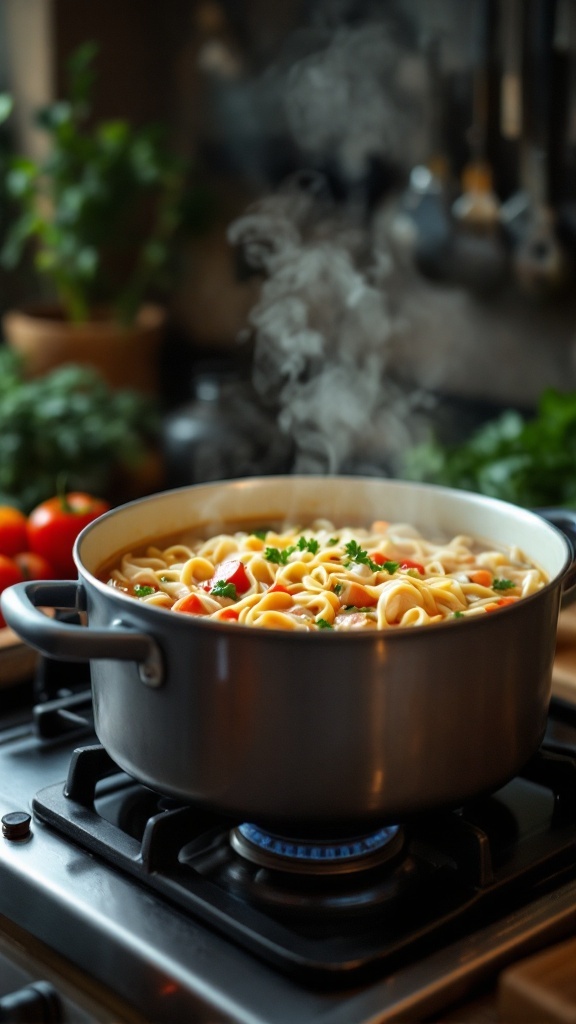 A steaming pot of chicken noodle soup with noodles and vegetables, simmering on the stove.