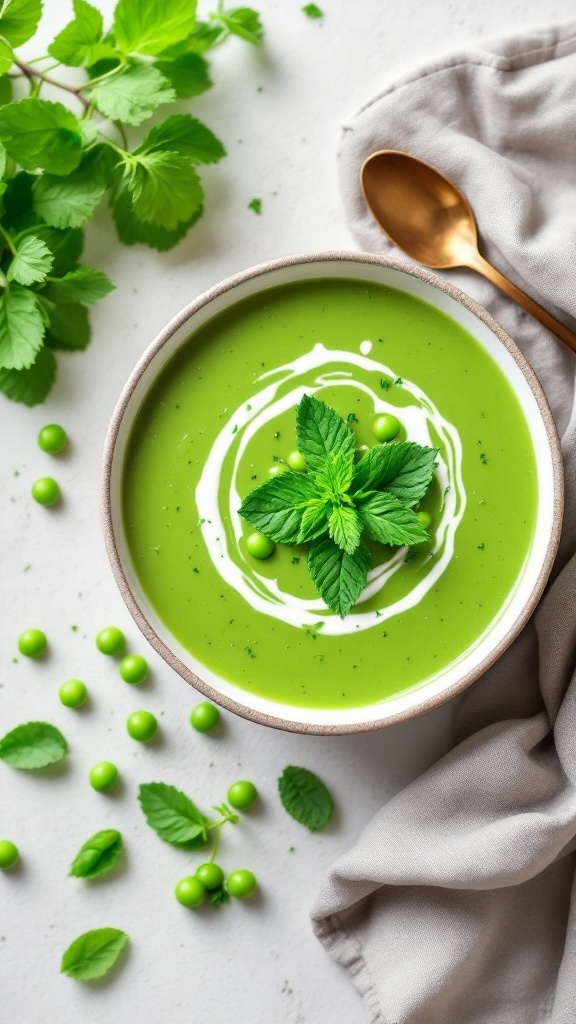 A bowl of pea and mint soup garnished with mint leaves and green peas.