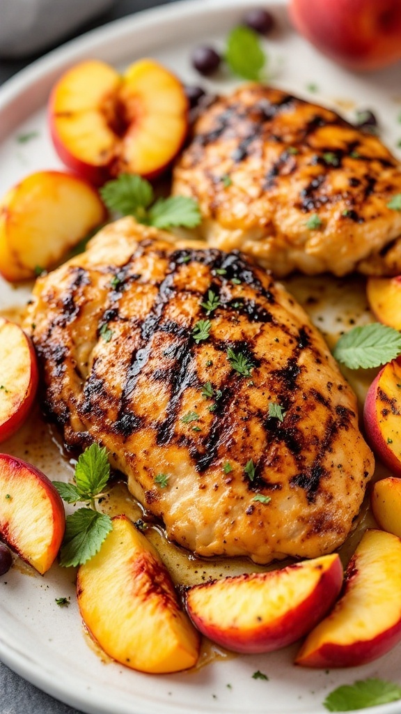 Grilled chicken breasts with peach slices and herbs on a plate.