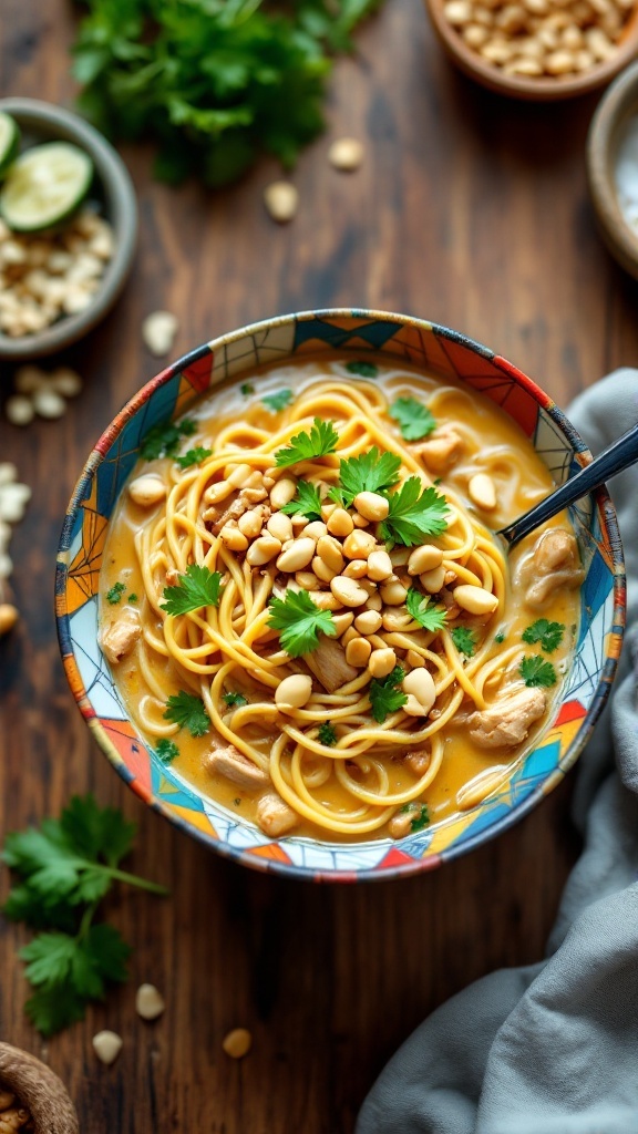 Bowl of Peanut Chicken Noodle Soup topped with peanuts and herbs.