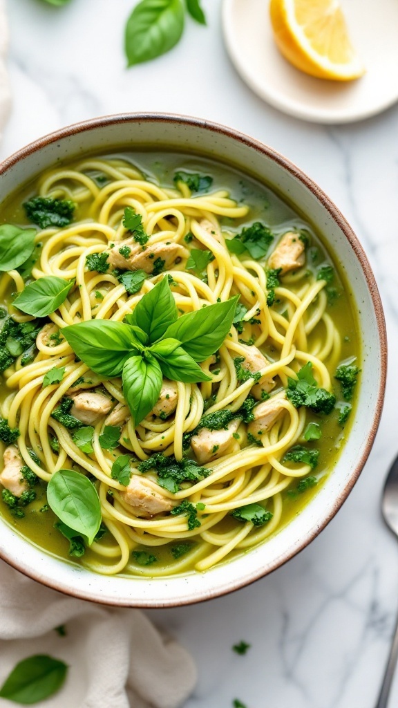 Bowl of pesto chicken noodle soup with basil and chicken pieces.