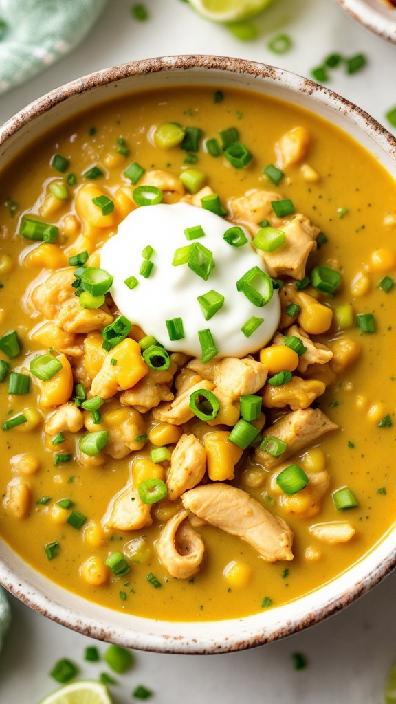 A bowl of poblano pepper and chicken chili topped with cheese, sour cream, and green onions.