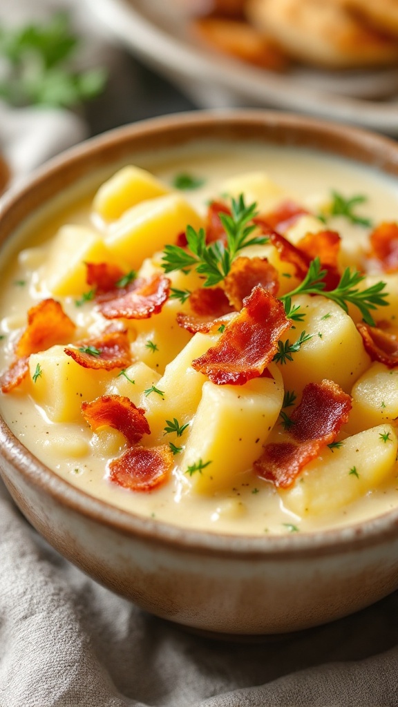 A bowl of potato and bacon chowder topped with crispy bacon and diced potatoes.