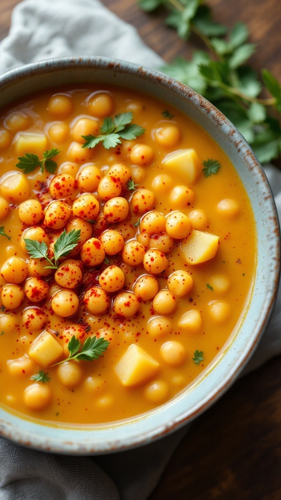 A bowl of potato and chickpea soup topped with herbs and spices.