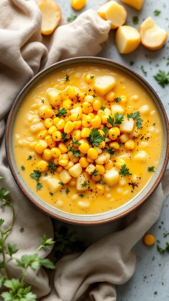 A bowl of creamy potato and corn chowder topped with corn kernels and fresh herbs.