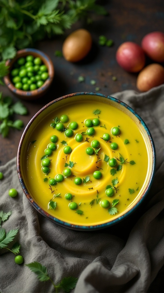 A bowl of creamy potato and green pea soup garnished with green peas and herbs.