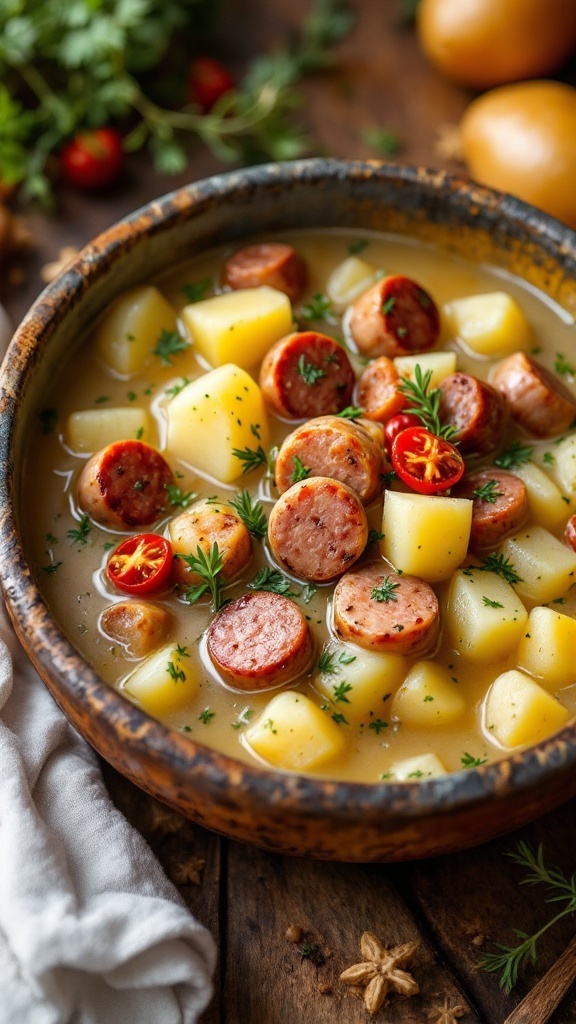 Bowl of potato and sausage soup with herbs and slices of sausage.