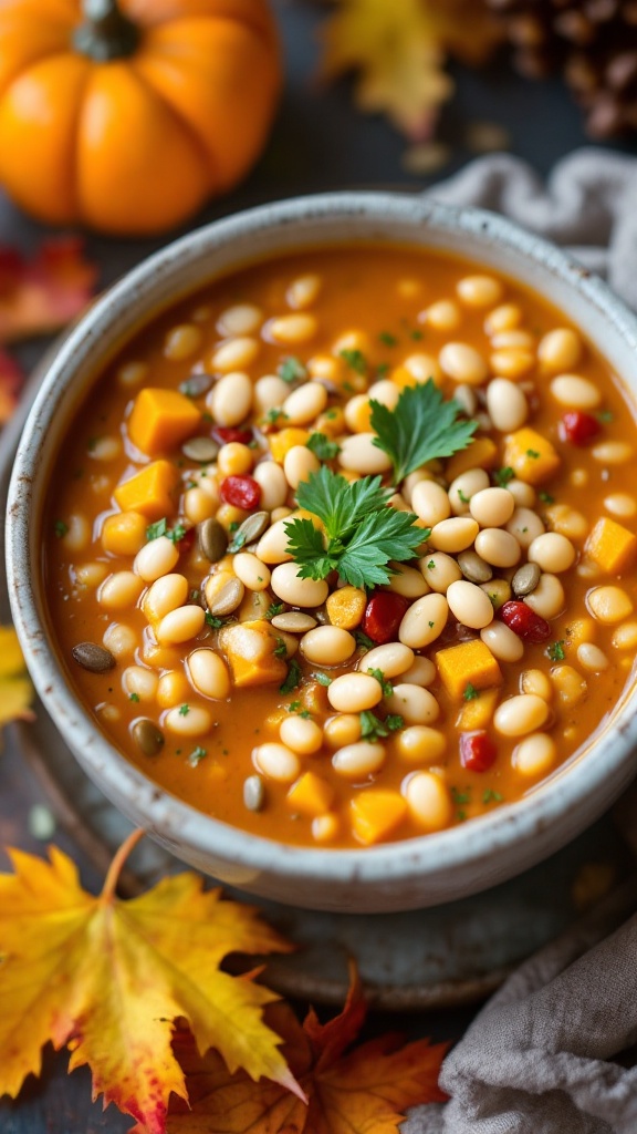 A bowl of pumpkin and white bean chili surrounded by autumn leaves and pumpkins.