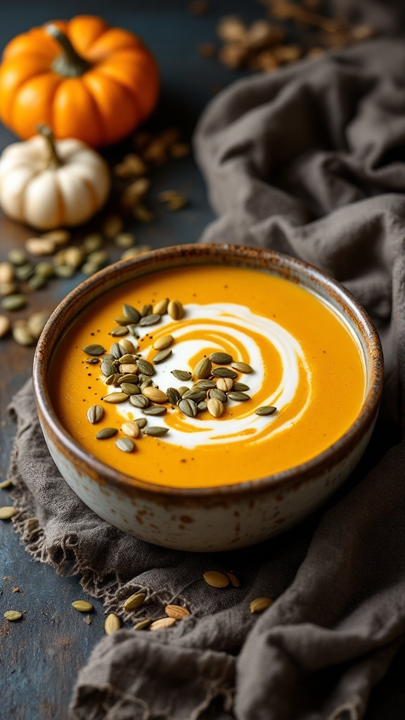 A bowl of creamy pumpkin cheese soup topped with seeds, surrounded by pumpkins and a cloth