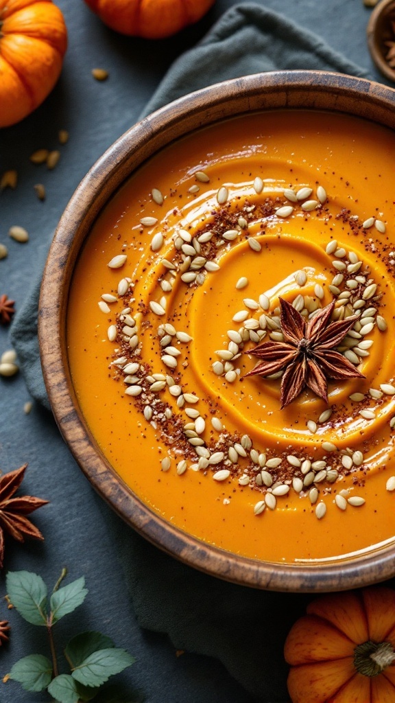 A bowl of creamy pumpkin potato soup garnished with seeds and spices, surrounded by pumpkins.