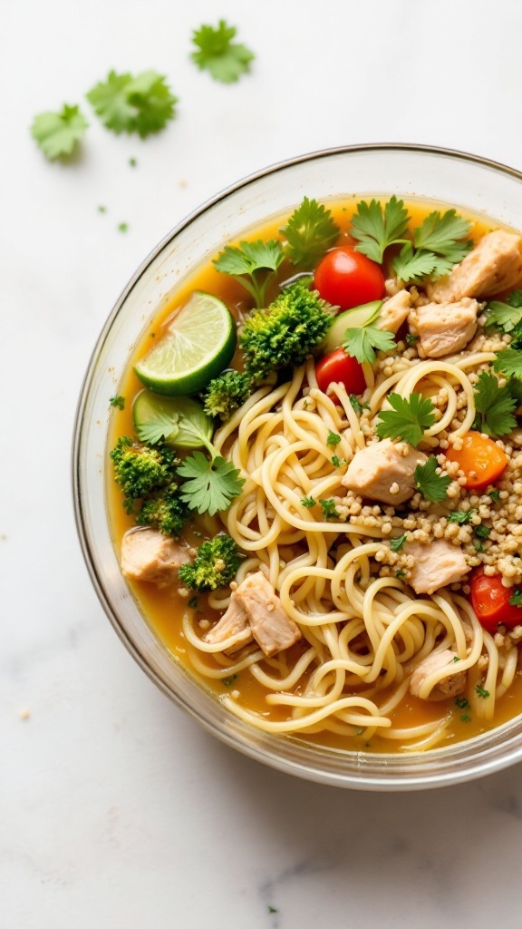 A bowl of quinoa chicken noodle soup with chicken, noodles, vegetables, and herbs.