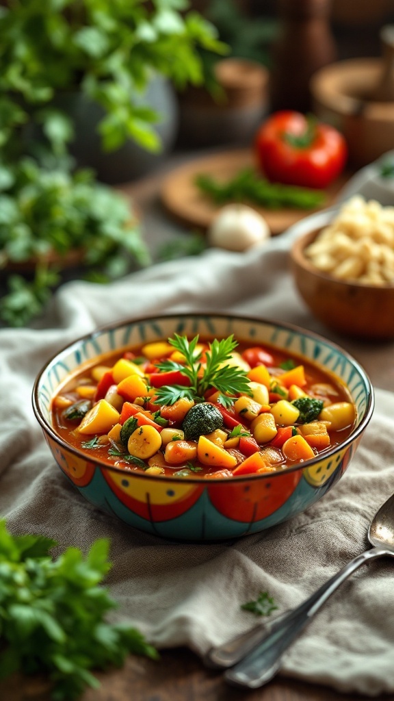 A colorful bowl of ratatouille soup filled with diced vegetables and garnished with a sprig of parsley.