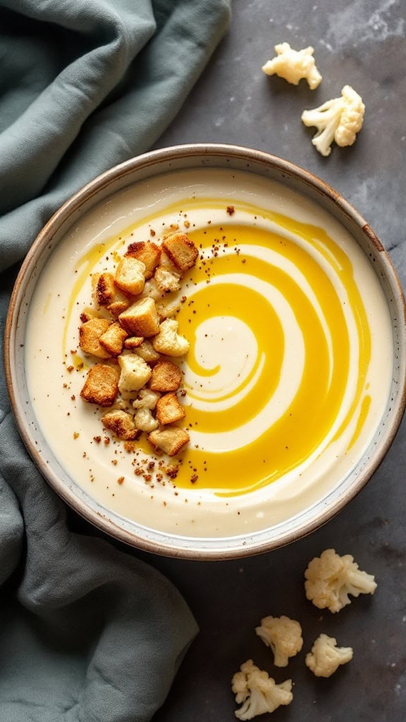 A bowl of roasted cauliflower soup topped with croutons and drizzled with olive oil.