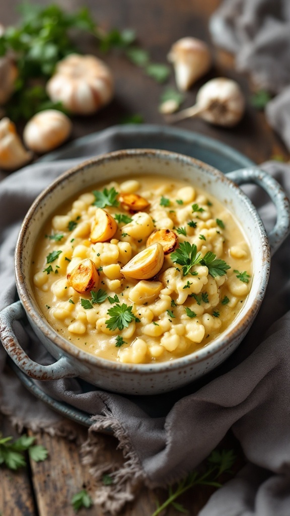 A bowl of roasted garlic and cauliflower white chili garnished with parsley.