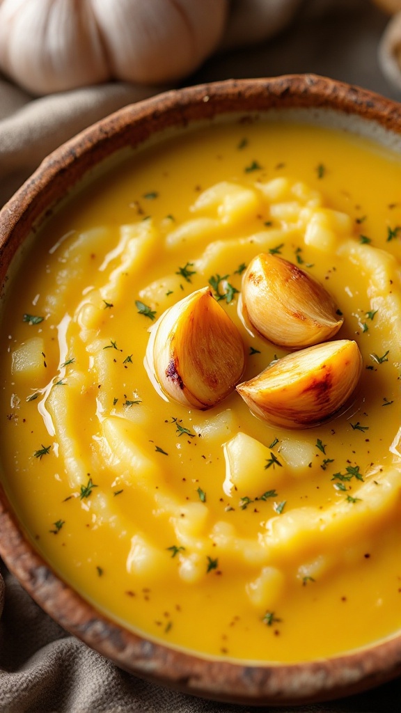 A bowl of roasted garlic and potato soup garnished with herbs and roasted garlic cloves.