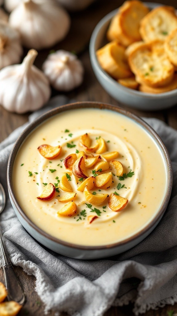 A bowl of creamy roasted garlic potato soup topped with golden garlic slices and fresh herbs, accompanied by toasted bread.