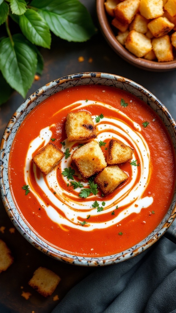 A bowl of roasted red pepper and tomato soup with croutons and a swirl of cream.