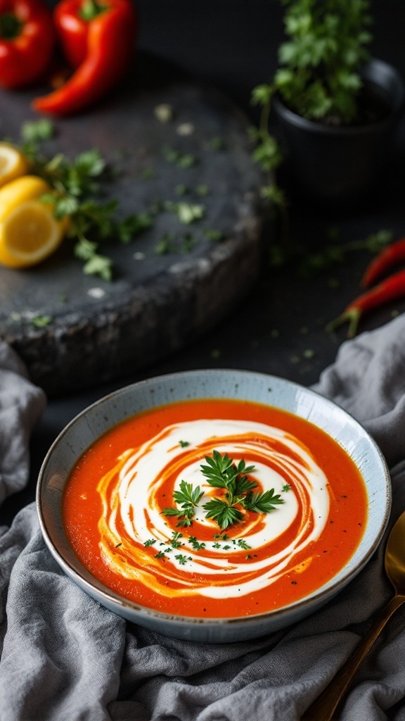 A bowl of roasted red pepper cheese soup garnished with cream and herbs.