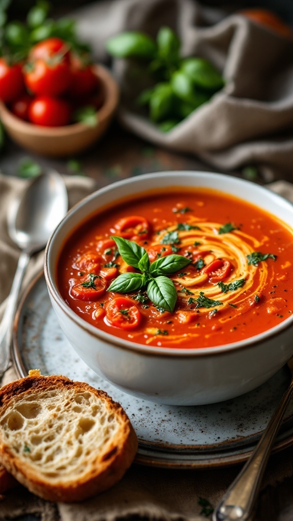 Bowl of roasted tomato and basil soup garnished with fresh basil, cherry tomatoes, and a slice of bread.