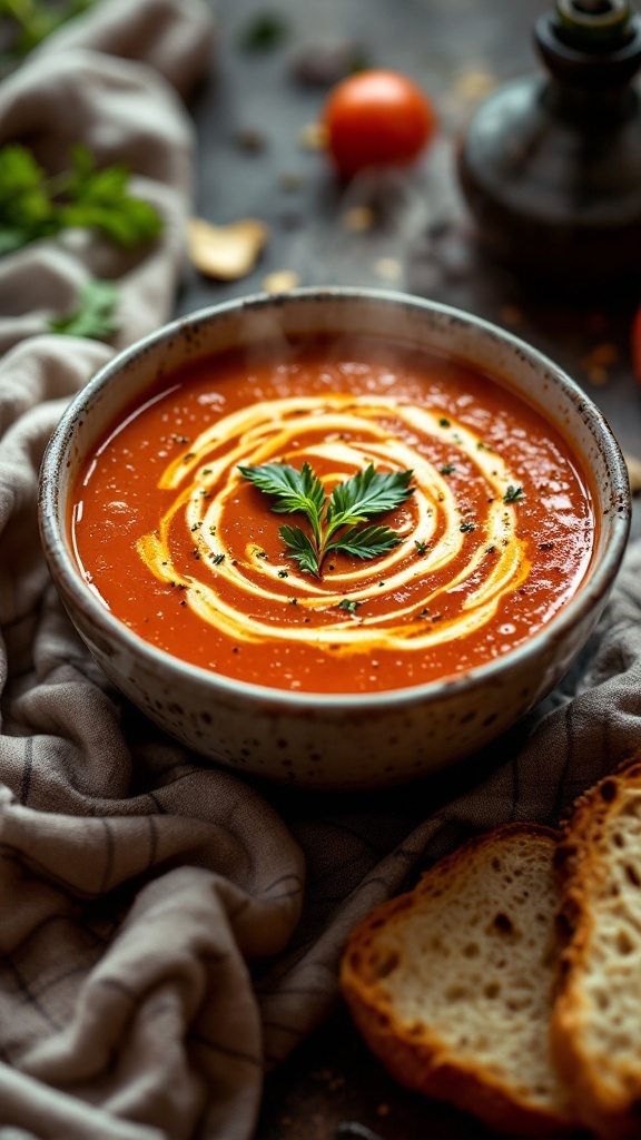 A bowl of roasted tomato and garlic bisque garnished with a swirl of cream and fresh herbs, alongside slices of bread.