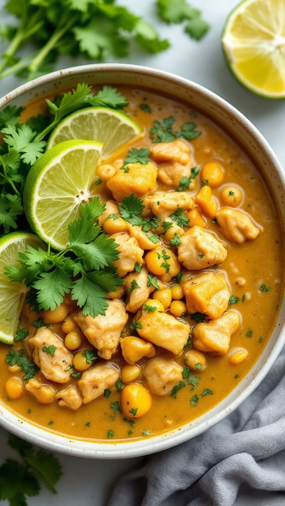 Bowl of Salsa Verde Chicken White Chili with lime and cilantro